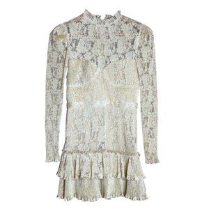 Saylor Adria Yellow Gold Lace Mini Dress Ruffled Hem Mock Neck Sheer Sleeve Sz S